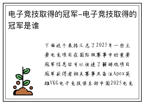 电子竞技取得的冠军-电子竞技取得的冠军是谁